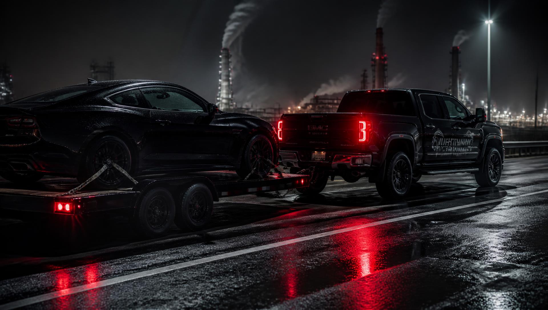 Black pickup truck towing a car on a flatbed trailer at night